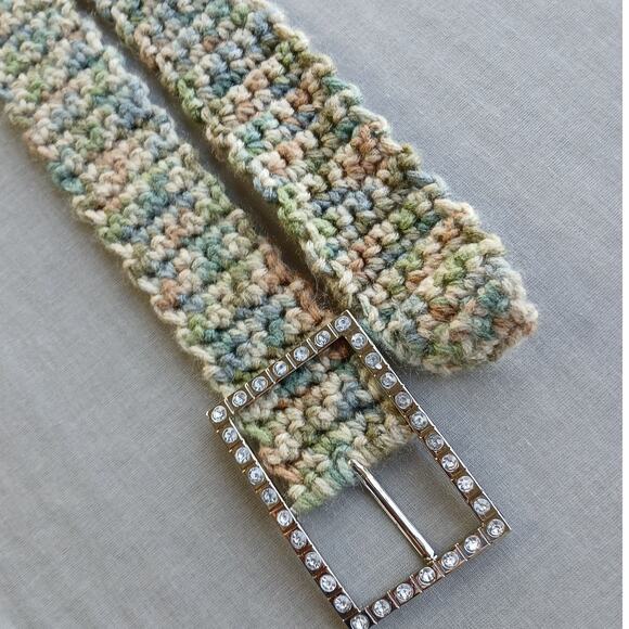 Hand Crafted Accessories - Alpine Sparkle Crochet Belt OS 45" handmade neutral pave buckle max- minimalist